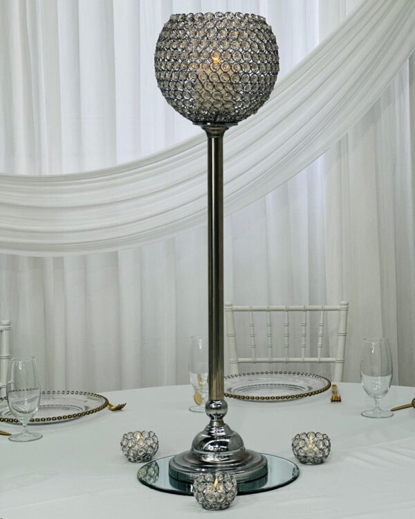 Silver crystal beaded ball on pedestal