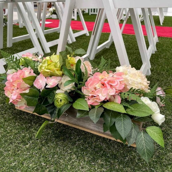 Wooden Trough with Pink Silk Flowers - 1 - Hire Melbourne