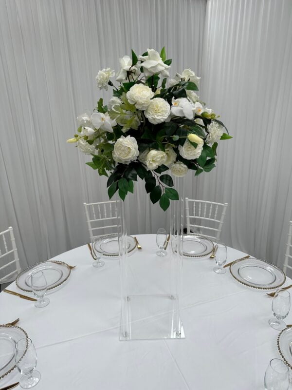 Clear acrylic stand with white and green silk floral arrangement - Image 2