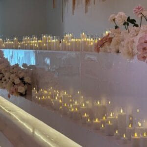 Pillar LED candles (flameless) in glass – exposed “flame”