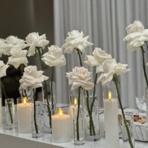 Pillar LED candles (flameless) in glass – exposed “flame”