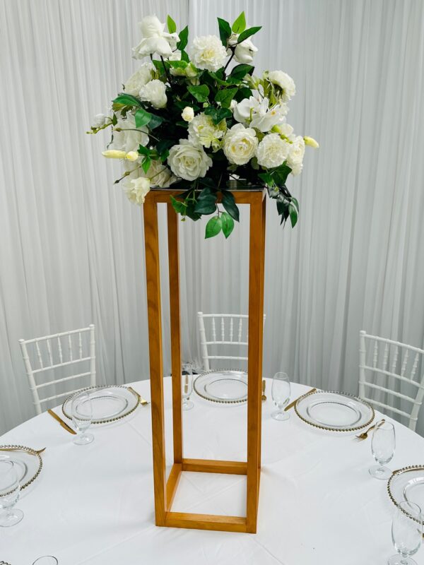 Timber stand with silk floral arrangement of whites and greens - Image 2