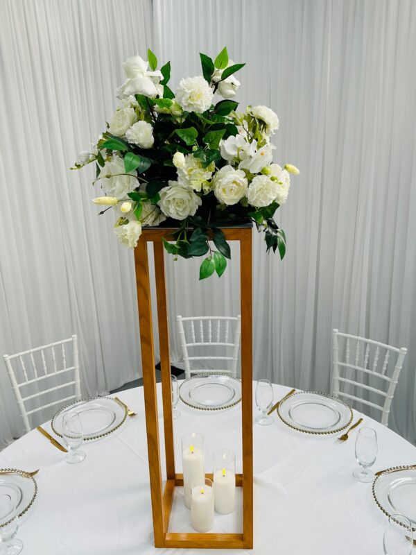 Timber stand with silk floral arrangement of whites and greens
