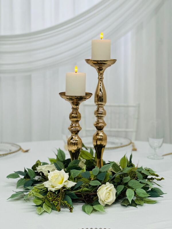 Gold Candlesticks with LED pillar candles and silk floral wreath