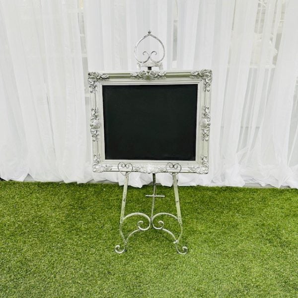 small silver heart easel with silver chalkboard