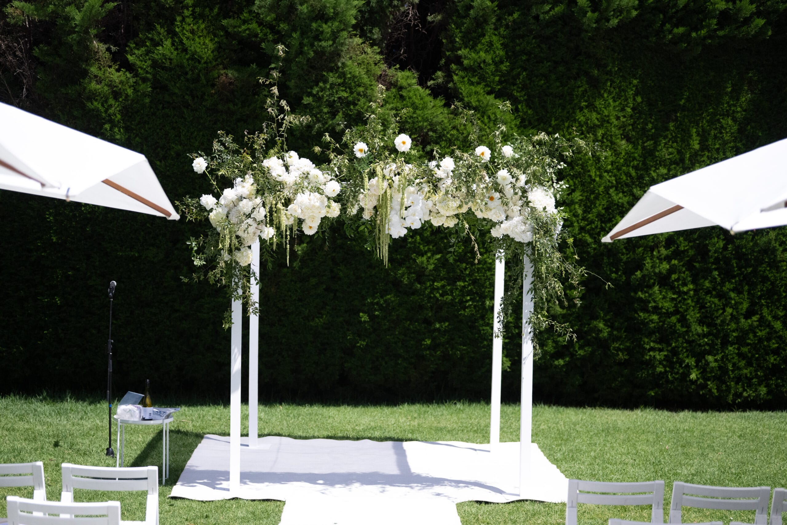 White Timber Chuppah - Large and Ivory square bridal carpet (3m x 3m)