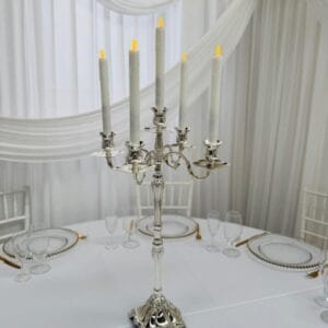 5 prong vintage-look silver candelabra