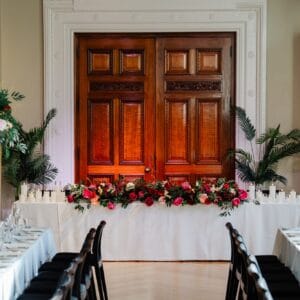 Pink, red and beige silk floral table runner