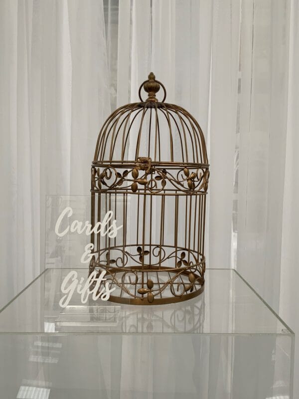 Clear Acrylic Cards & Gifts Sign with gold birdcage wishing well