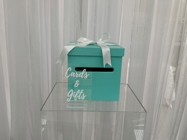 Clear Acrylic Cards & Gifts Sign with tiffany box wishing well