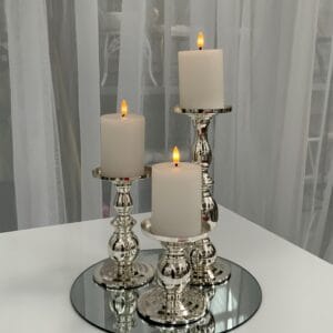 Silver Candlesticks with Mirror Base and 10cmD LED Pillar Candle